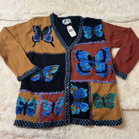 Storybook Knits Sweaters - Vintage J Two New York Embroidered Beaded Butterfly Button Down Sweater Cardigan